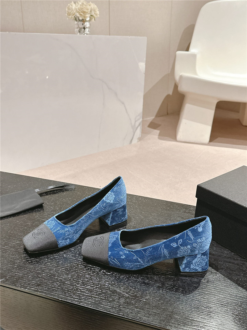 Ch**el ballet heel pumps in blue floral print suede
