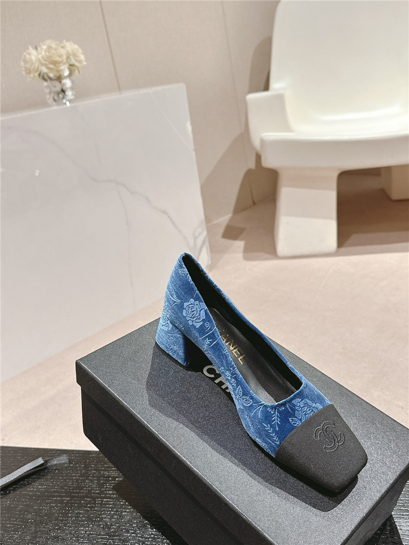 Ch**el ballet heel pumps in blue floral print suede