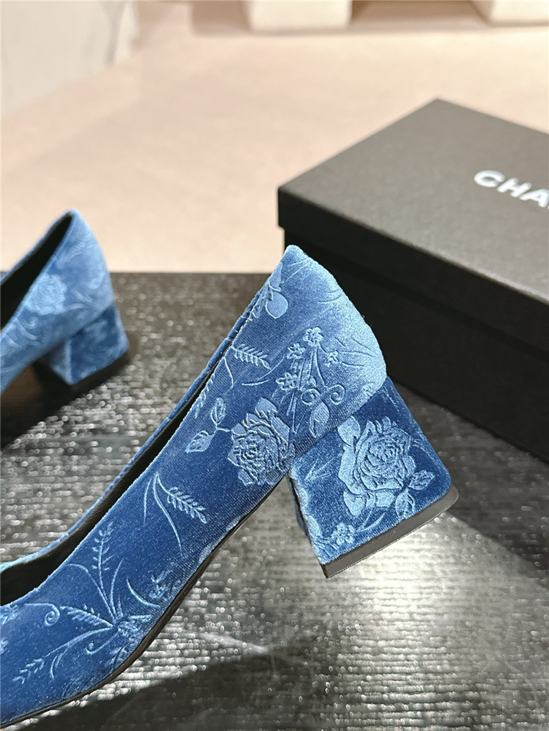 Ch**el ballet heel pumps in blue floral print suede