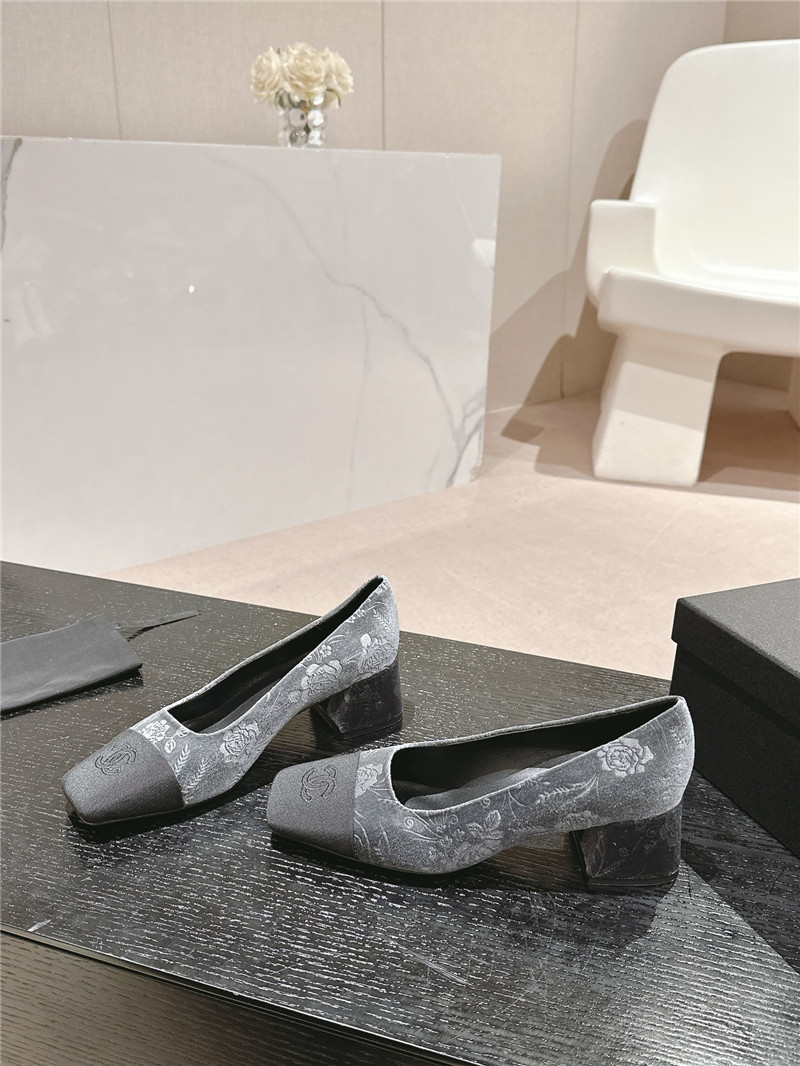 Ch**el ballet heel pumps in grey floral print suede