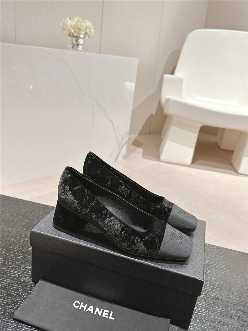 Ch**el ballet heel pumps in black floral print suede