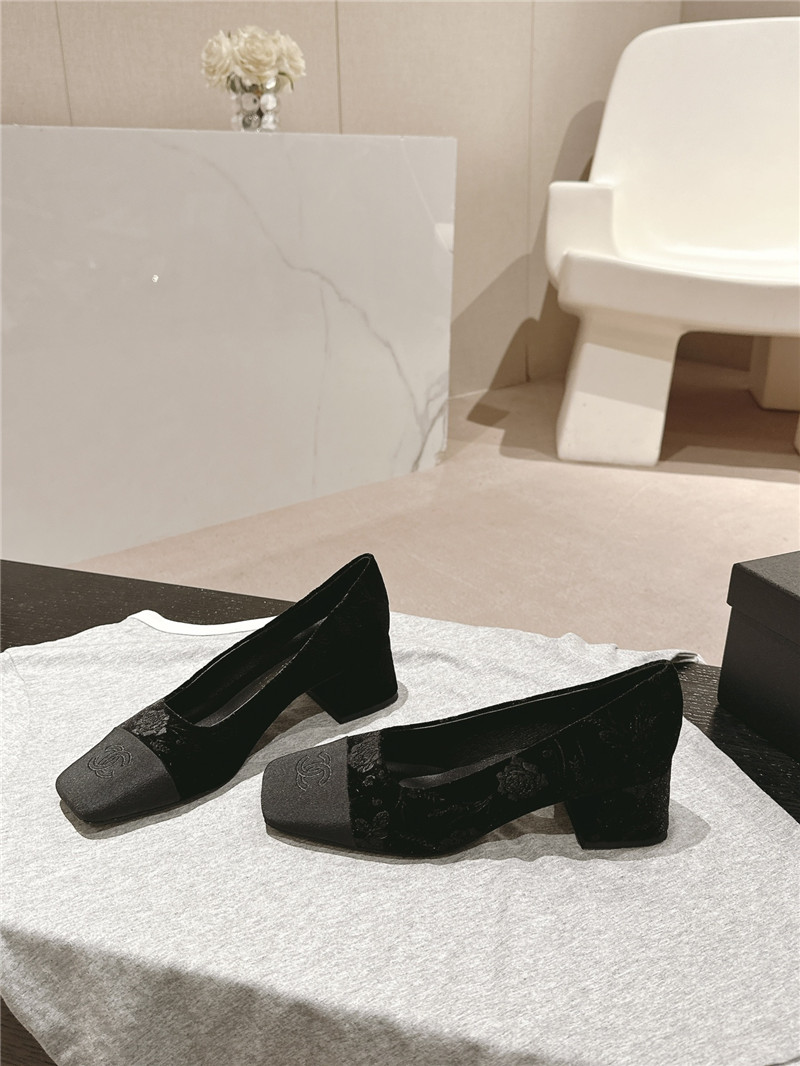 Ch**el ballet heel pumps in black floral print suede