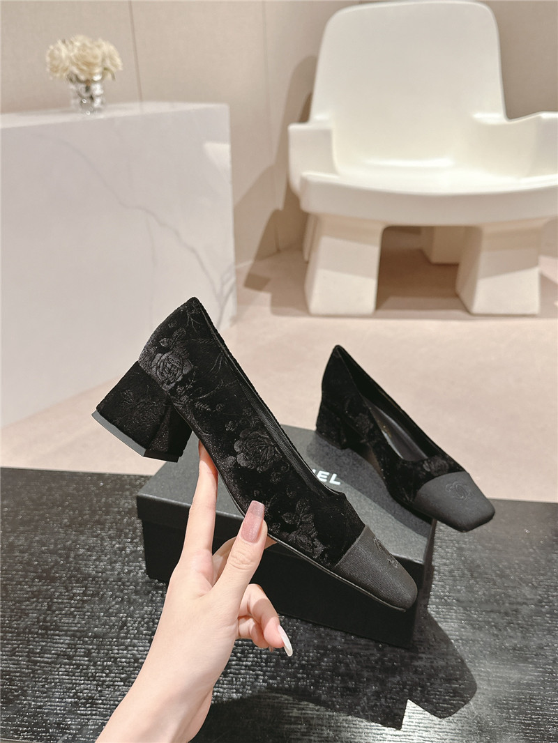 Ch**el ballet heel pumps in black floral print suede