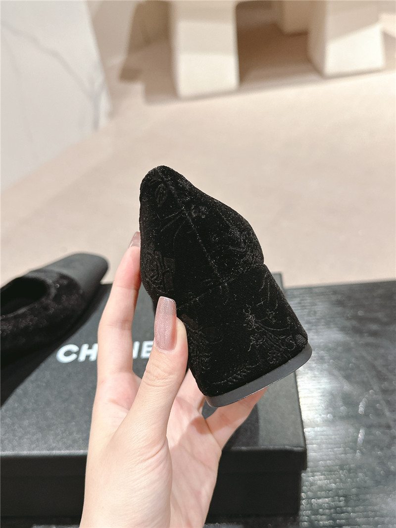 Ch**el ballet heel pumps in black floral print suede