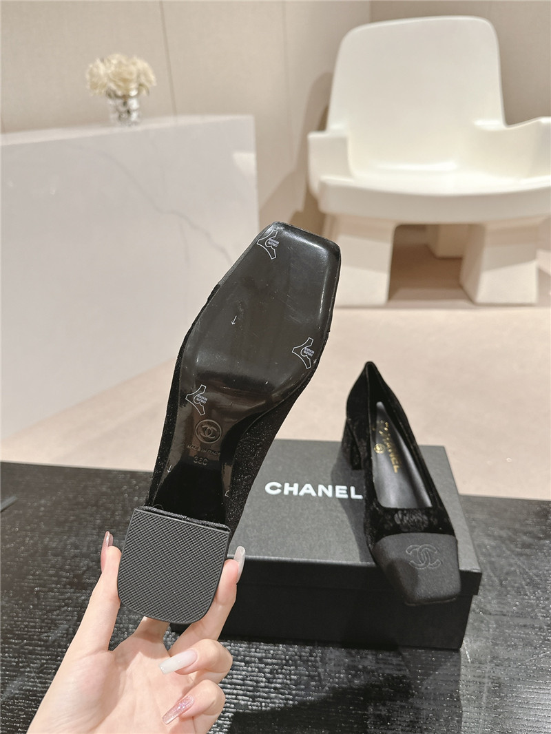 Ch**el ballet heel pumps in black floral print suede