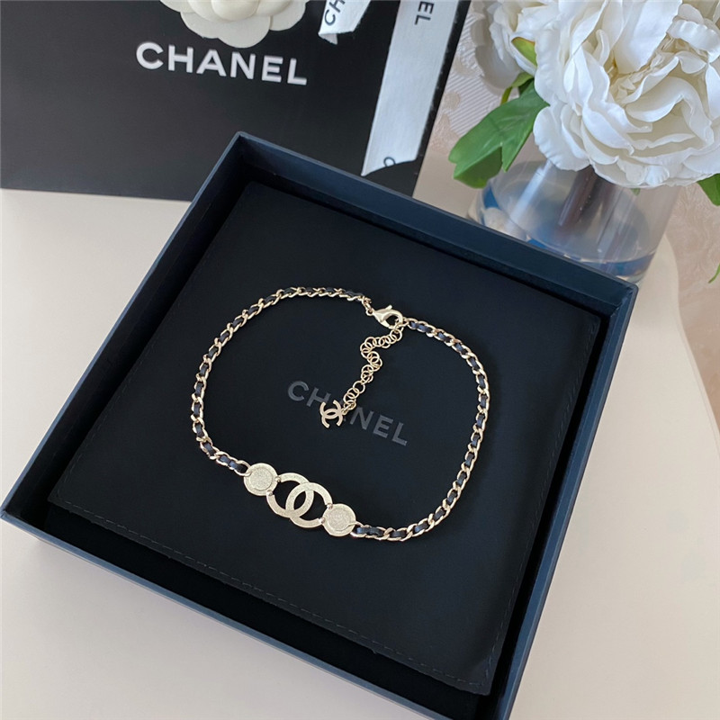 Ch**el leather through chain double c gemstone necklace