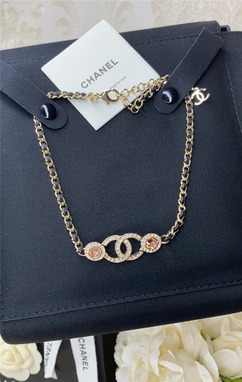 Ch**el leather through chain double c gemstone necklace