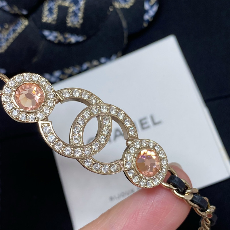 Ch**el leather through chain double c gemstone necklace