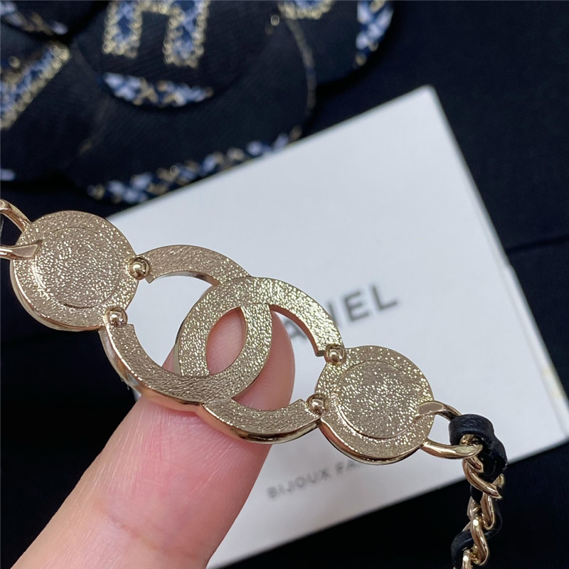 Ch**el leather through chain double c gemstone necklace