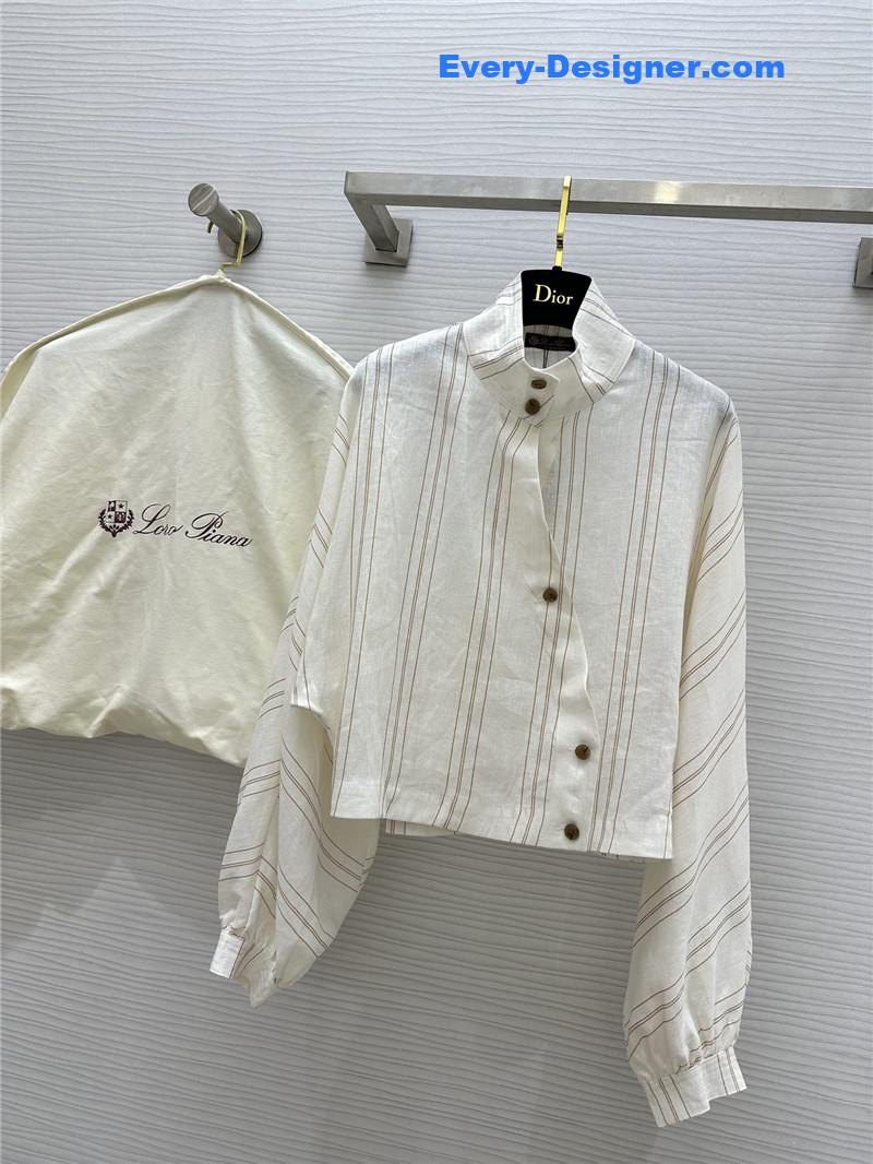 L0r0 P1ana striped linen stand collar shirt replica clothing sites