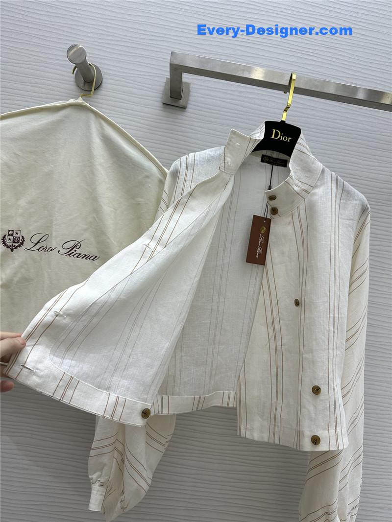 L0r0 P1ana striped linen stand collar shirt replica clothing sites