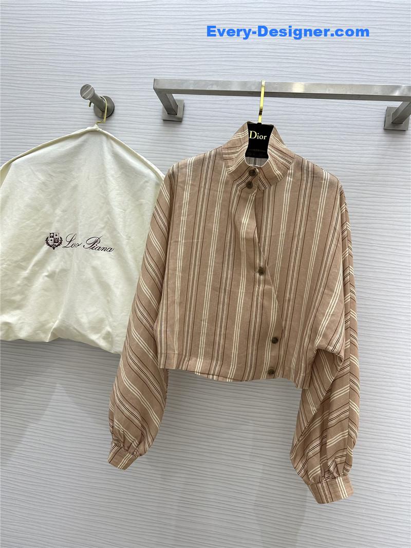L0r0 P1ana striped linen stand collar shirt replica clothing sites