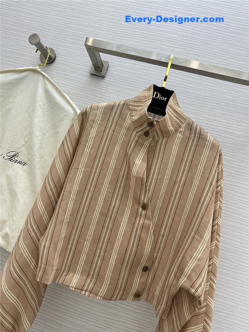L0r0 P1ana striped linen stand collar shirt replica clothing sites