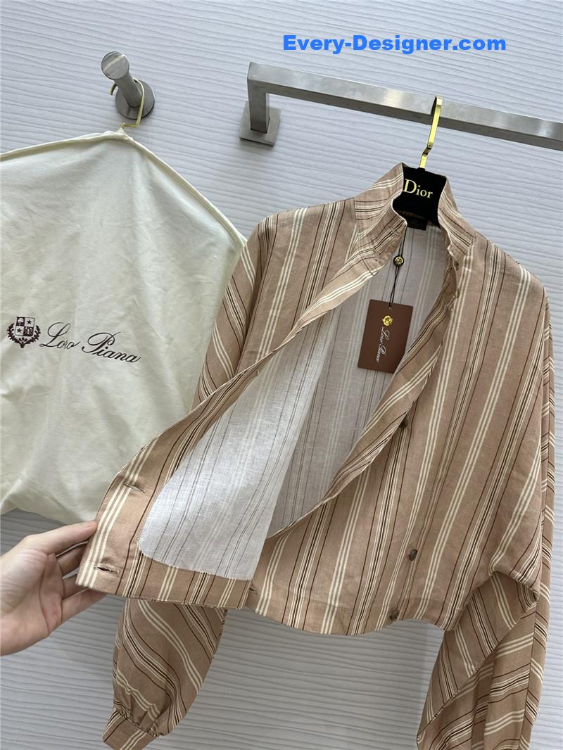 L0r0 P1ana striped linen stand collar shirt replica clothing sites