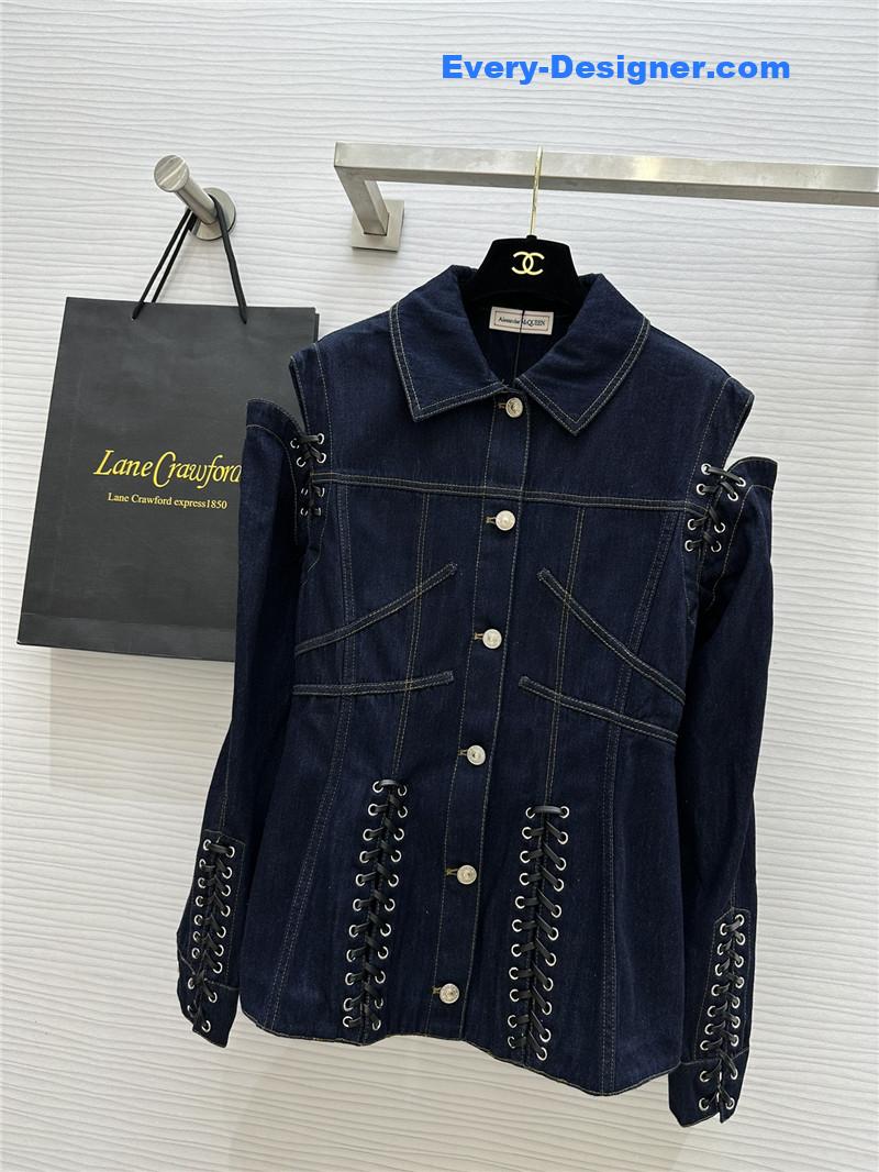 a1exa*der Mcqv*en mid-length waist denim jacket replica clothes
