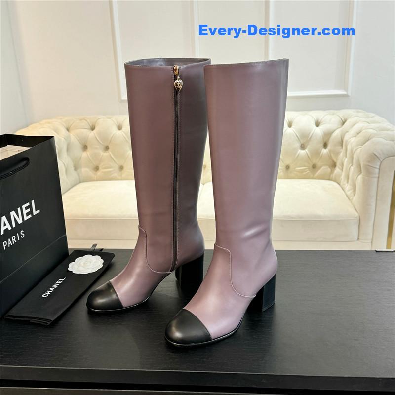 Ch**el purple calfskin chunky knee-high boots