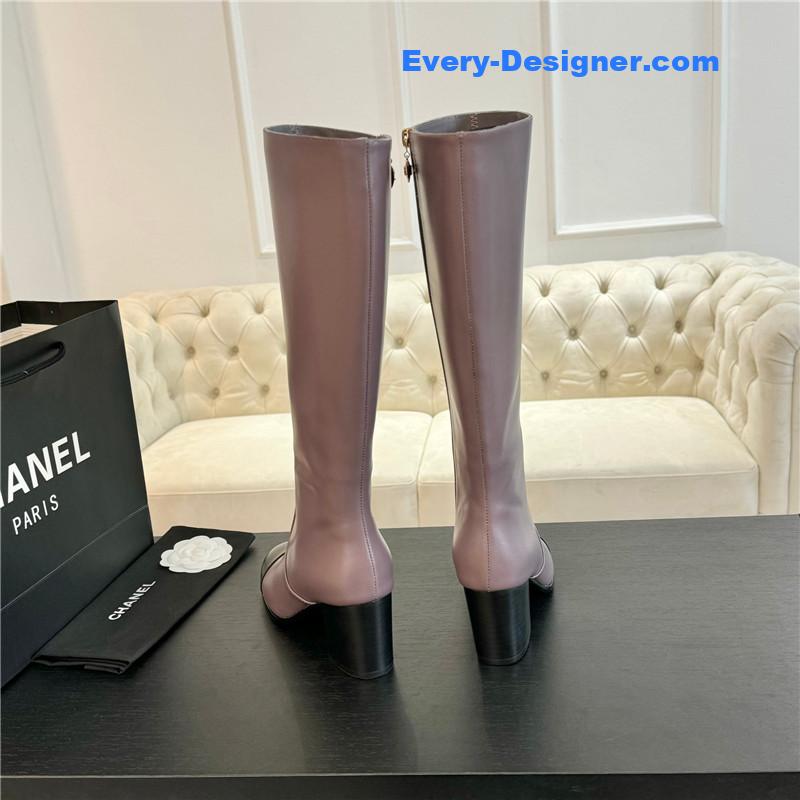 Ch**el purple calfskin chunky knee-high boots