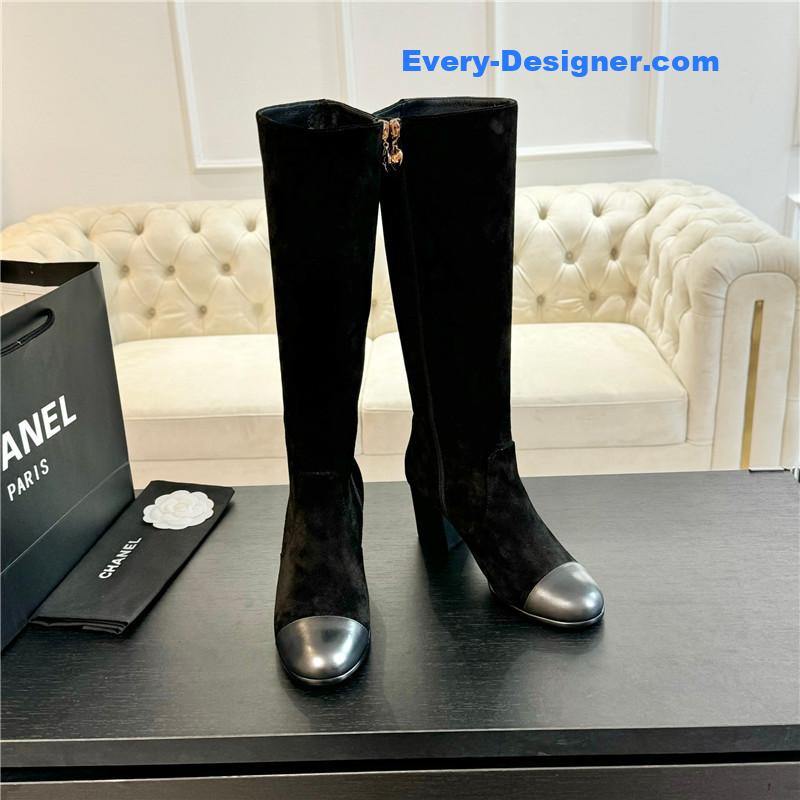 Ch**el suede calfskin chunky knee-high boots