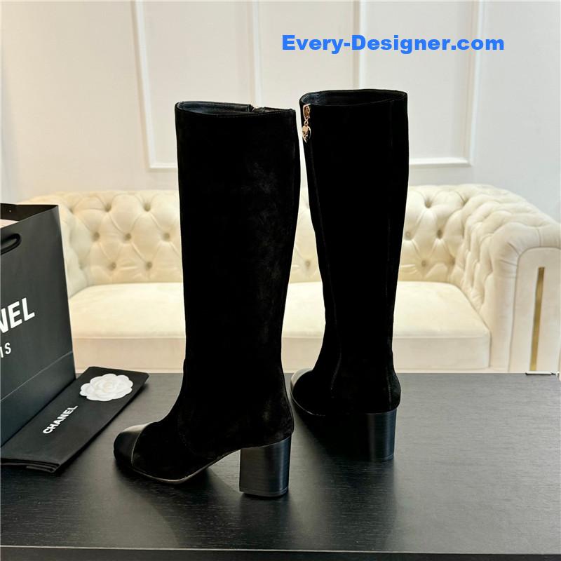 Ch**el suede calfskin chunky knee-high boots