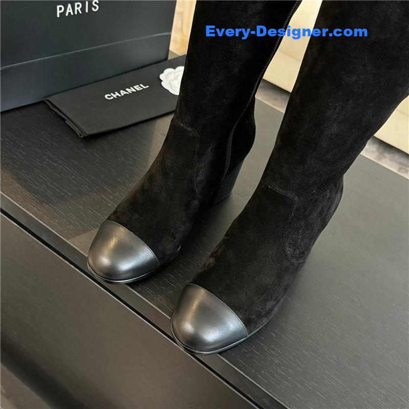 Ch**el suede calfskin chunky knee-high boots