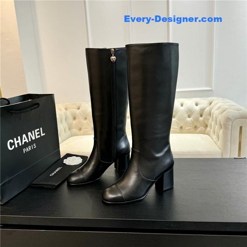 Ch**el black calfskin chunky knee-high boots