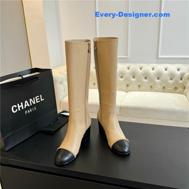 Ch**el beige calfskin chunky knee-high boots