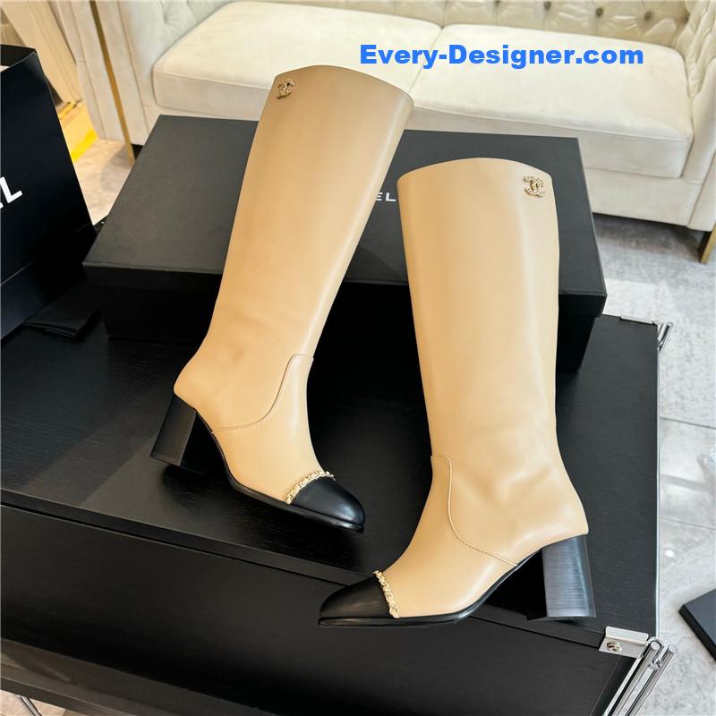 Ch**el beige calfskin chunky knee-high boots