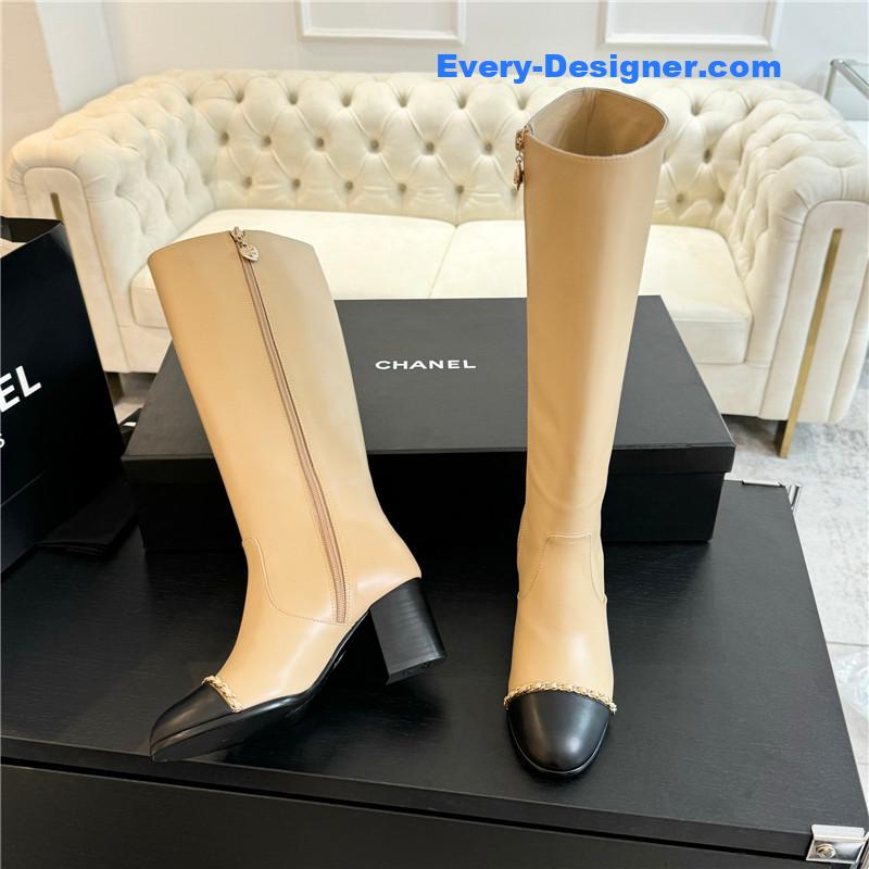 Ch**el beige calfskin chunky knee-high boots