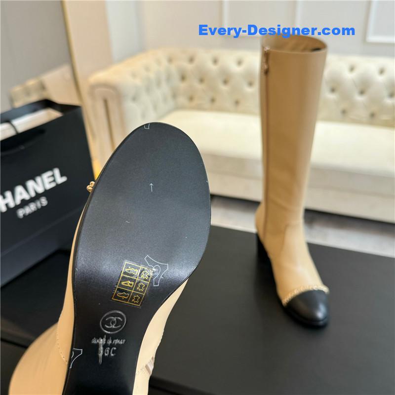 Ch**el beige calfskin chunky knee-high boots