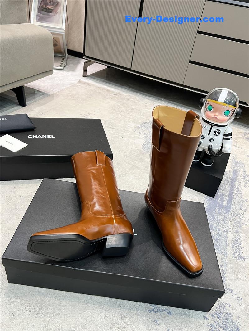 Ch**el brown calfskin pointed toe mid boots