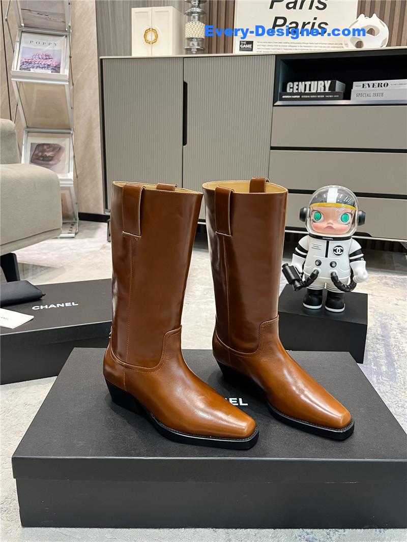 Ch**el brown calfskin pointed toe mid boots