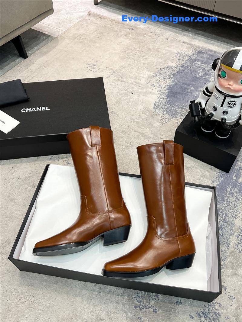 Ch**el brown calfskin pointed toe mid boots