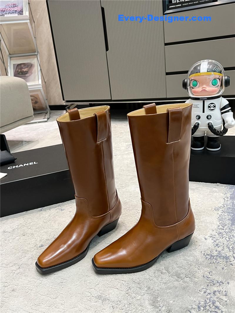 Ch**el brown calfskin pointed toe mid boots