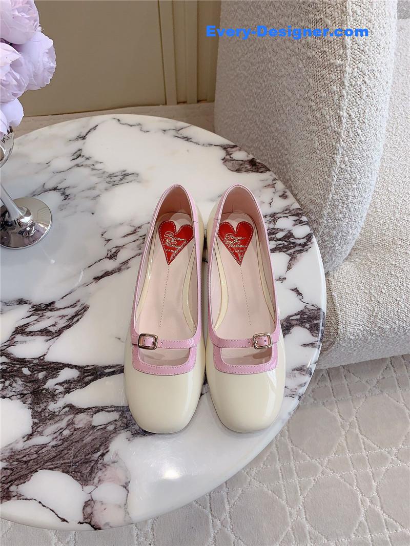 Roger Vivier Viv’ Podium Ballerinas in Patent White and Pink