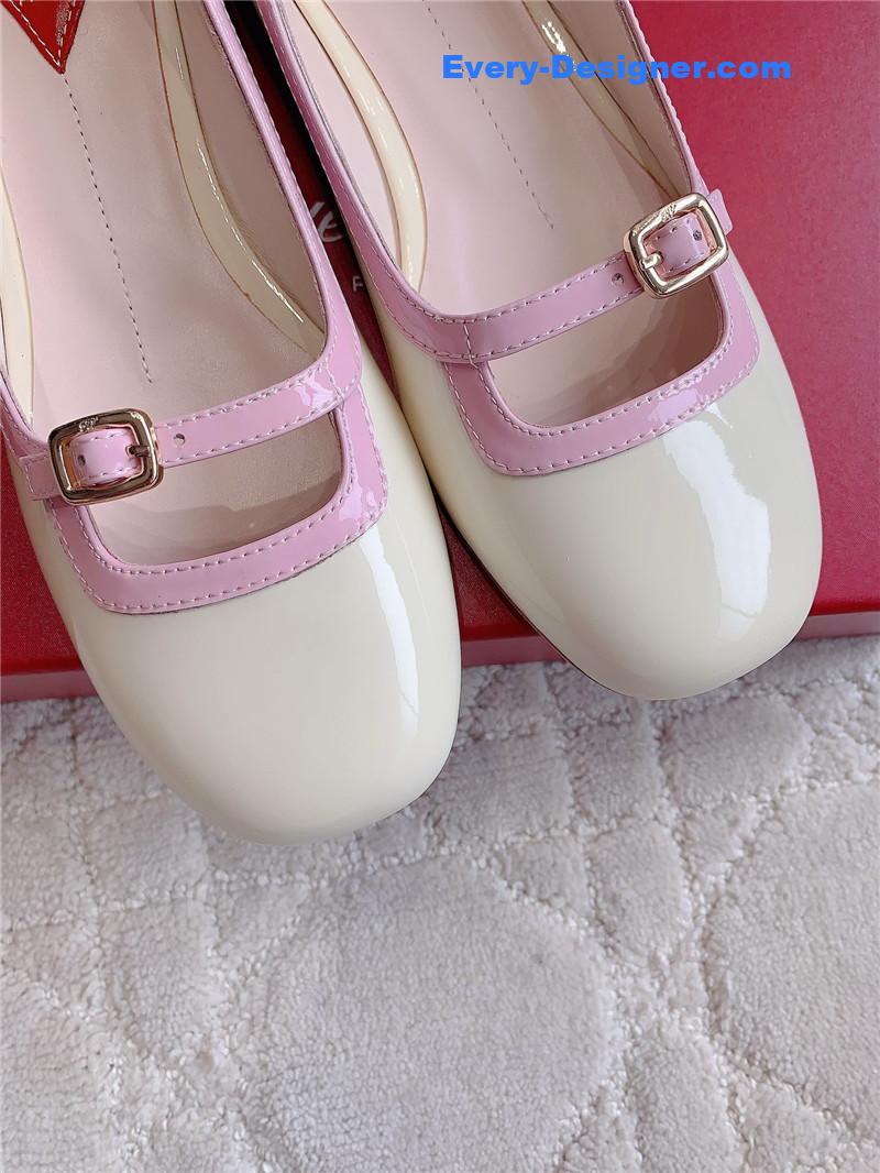 Roger Vivier Viv’ Podium Ballerinas in Patent White and Pink