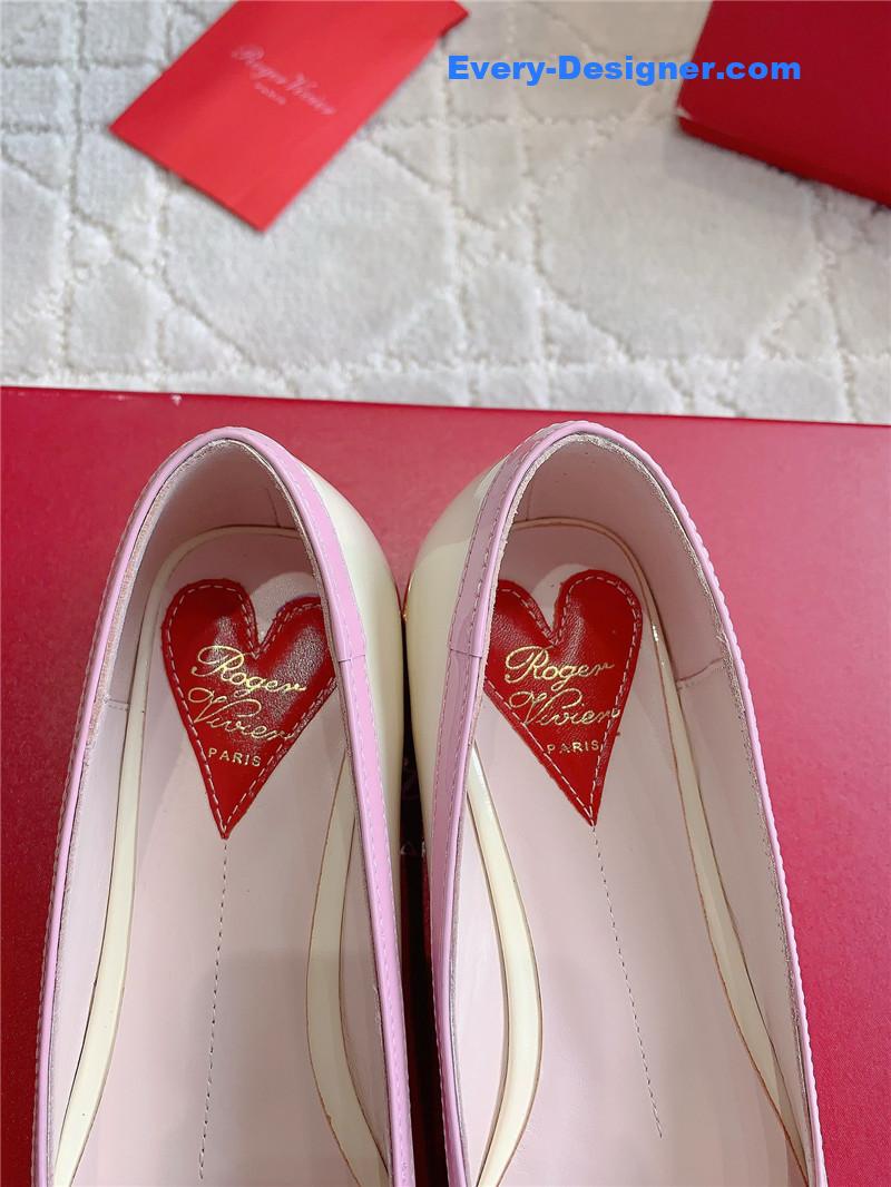 Roger Vivier Viv’ Podium Ballerinas in Patent White and Pink