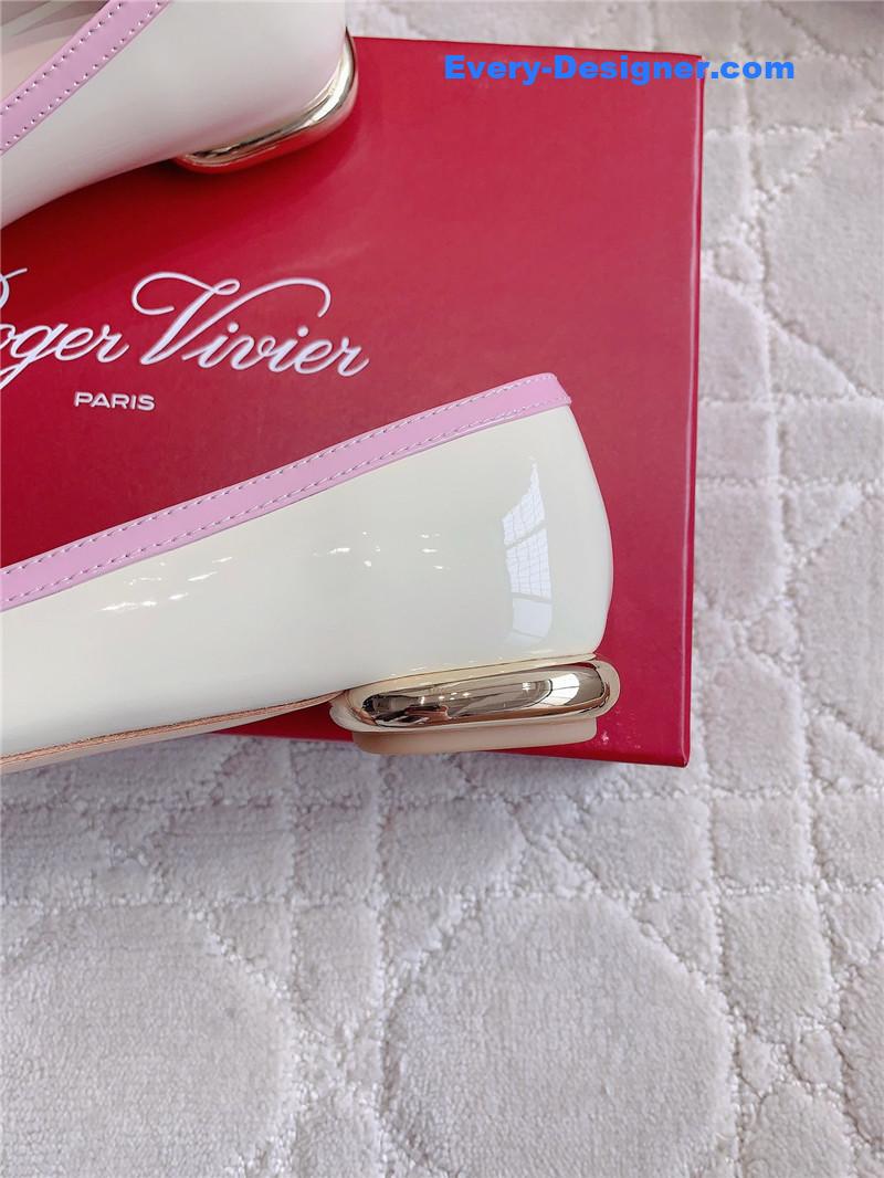 Roger Vivier Viv’ Podium Ballerinas in Patent White and Pink