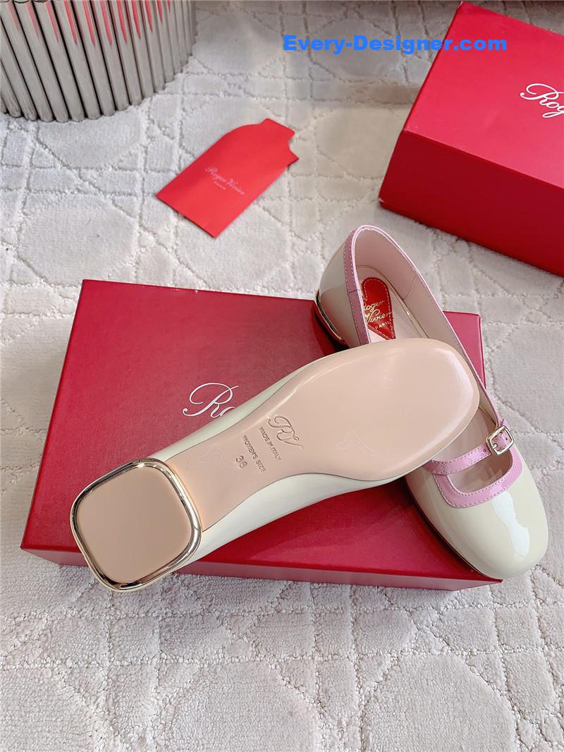 Roger Vivier Viv’ Podium Ballerinas in Patent White and Pink