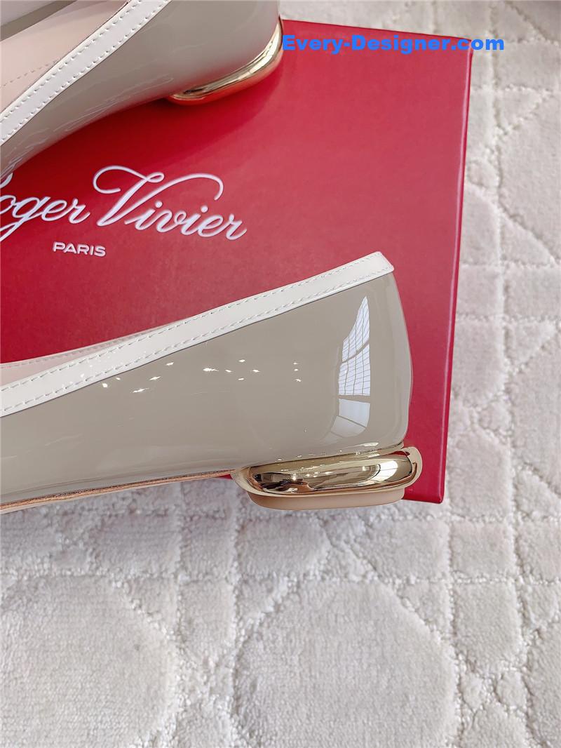 Roger Vivier Viv’ Podium Ballerinas in Patent Grey and White