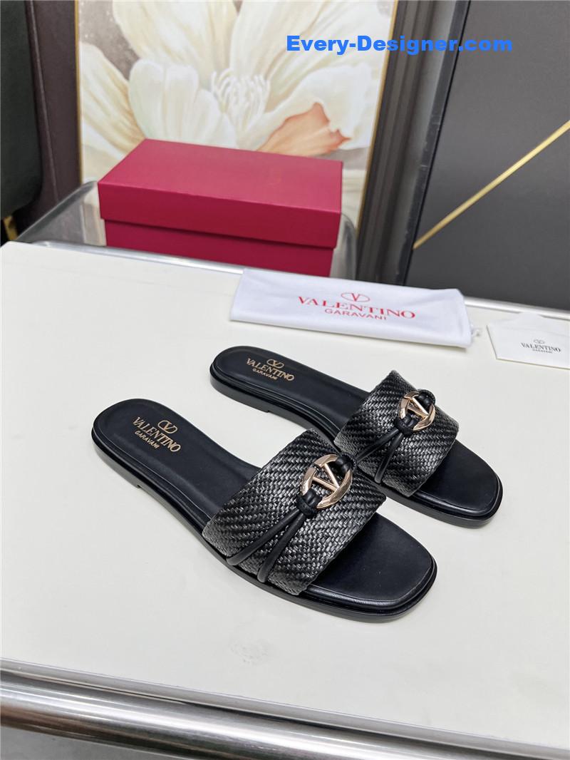 Va1e*ntin0 vlogo raffia leather slides black