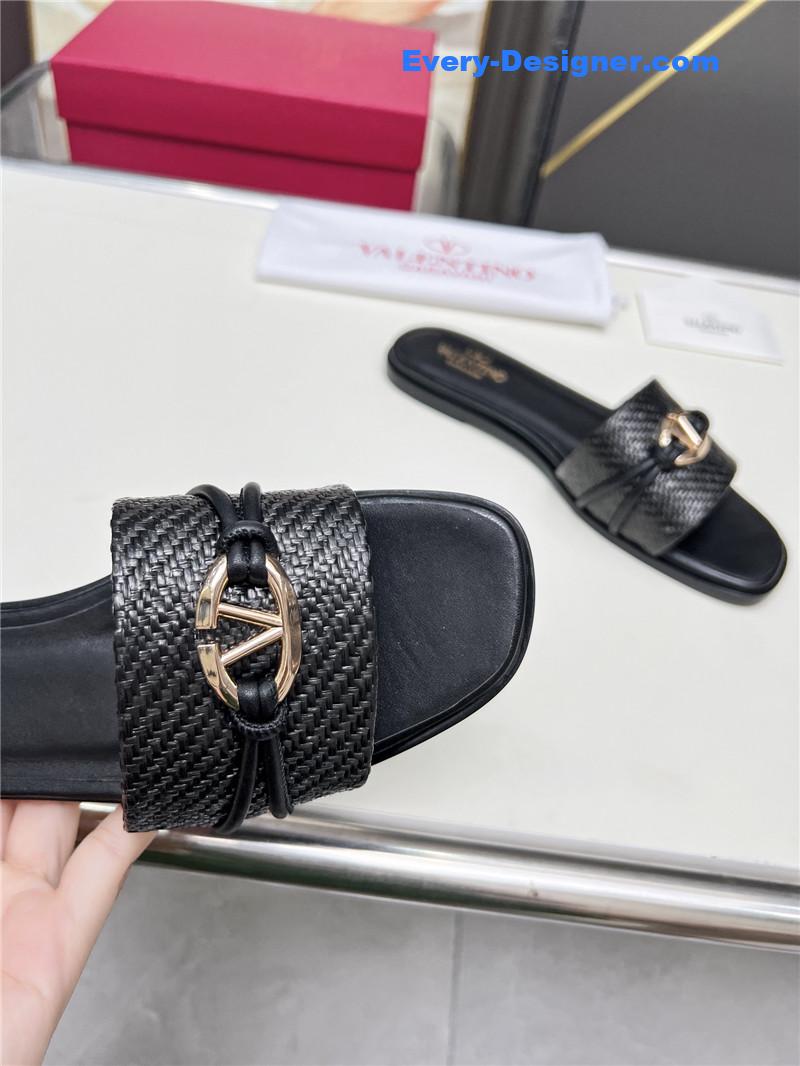 Va1e*ntin0 vlogo raffia leather slides black