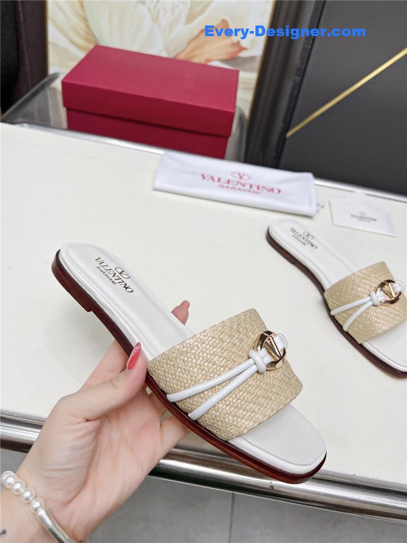 Va1e*ntin0 vlogo raffia leather slides natural