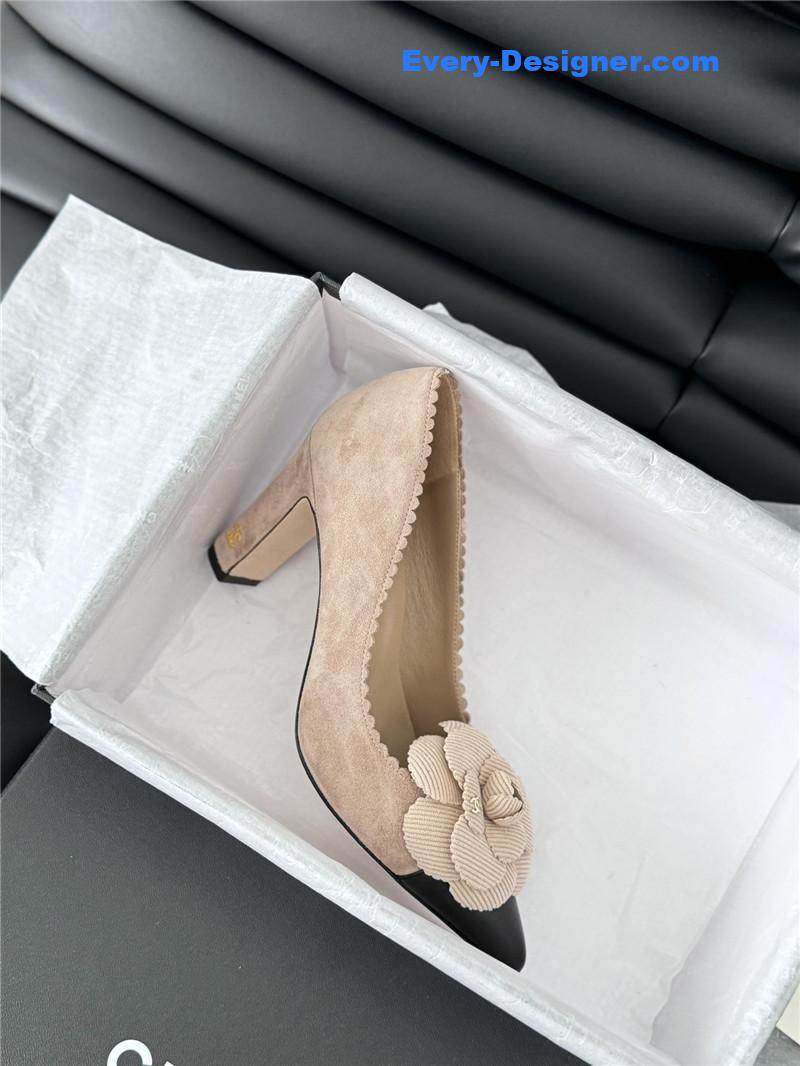 Ch**el camellia beige suede heel pumps