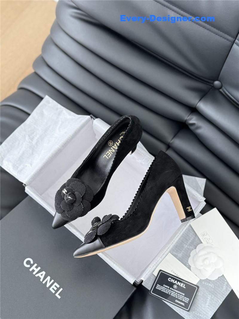 Ch**el camellia heel pumps in black suede