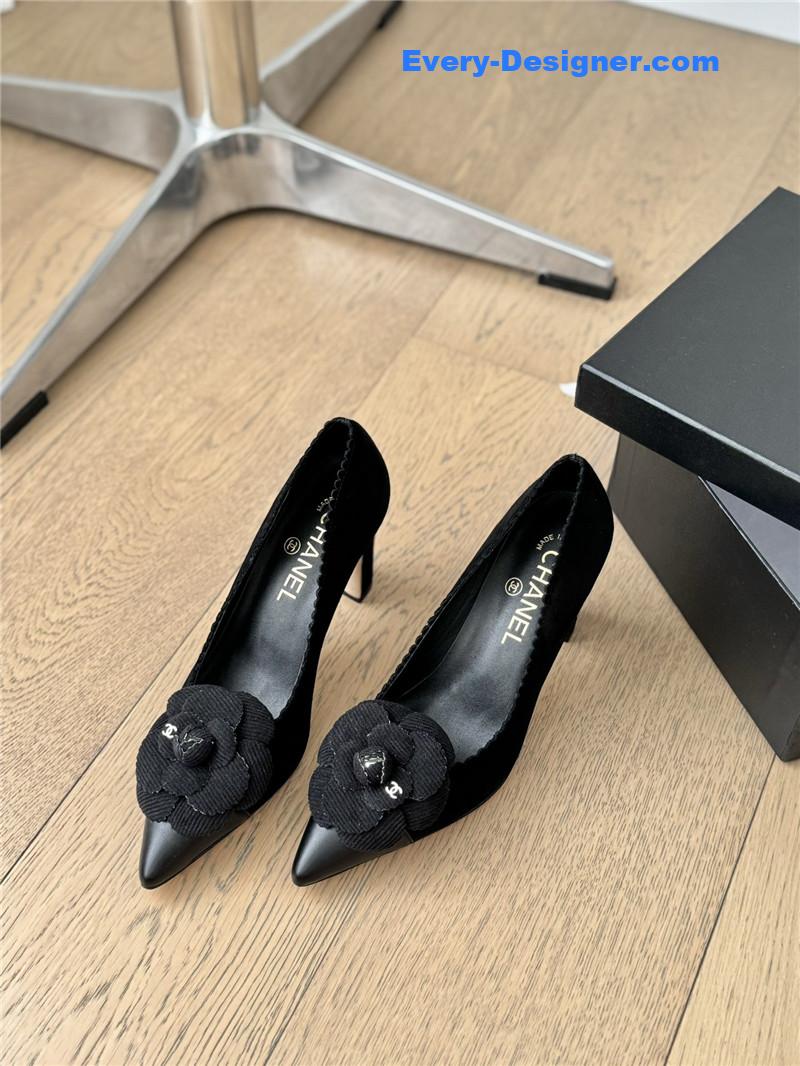 Ch**el camellia heel pumps in black suede