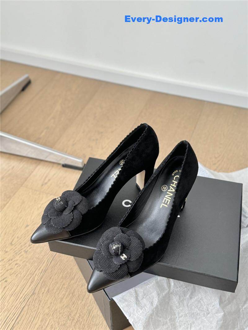 Ch**el camellia heel pumps in black suede