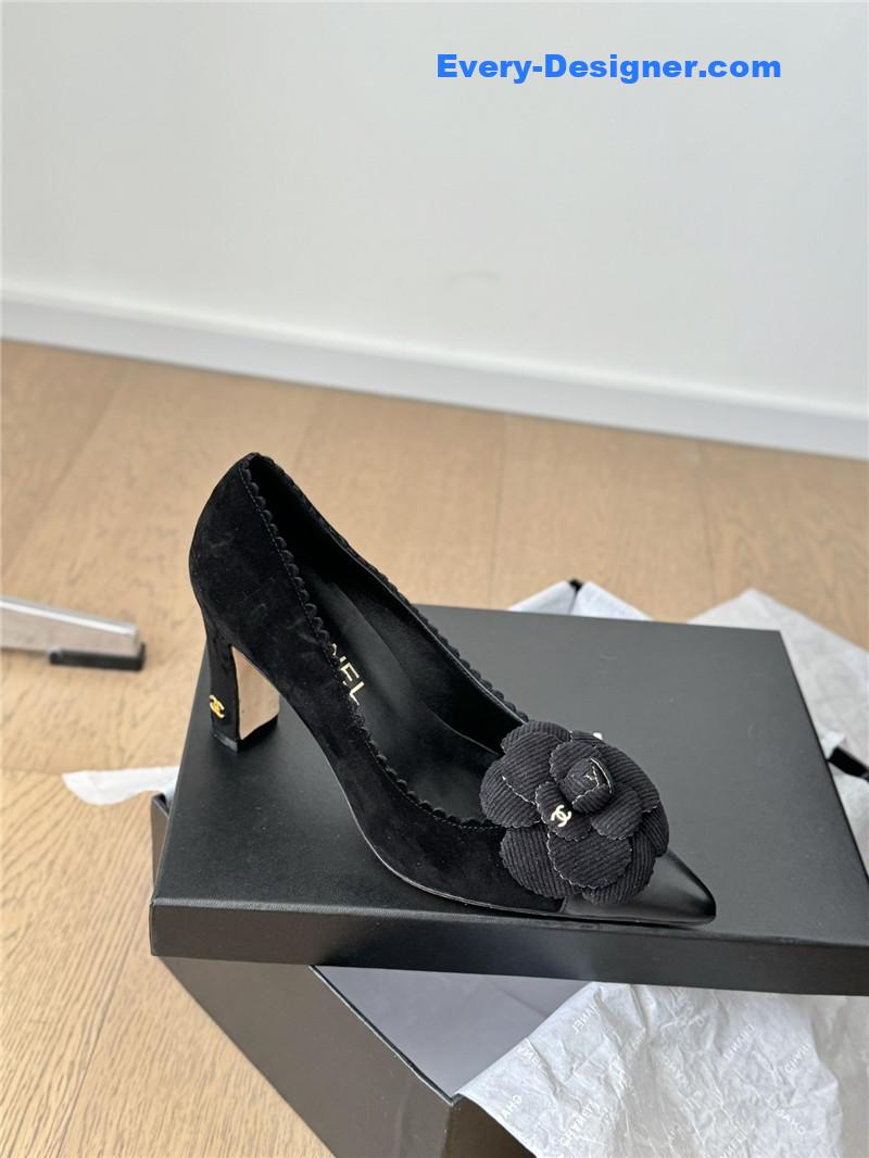 Ch**el camellia heel pumps in black suede
