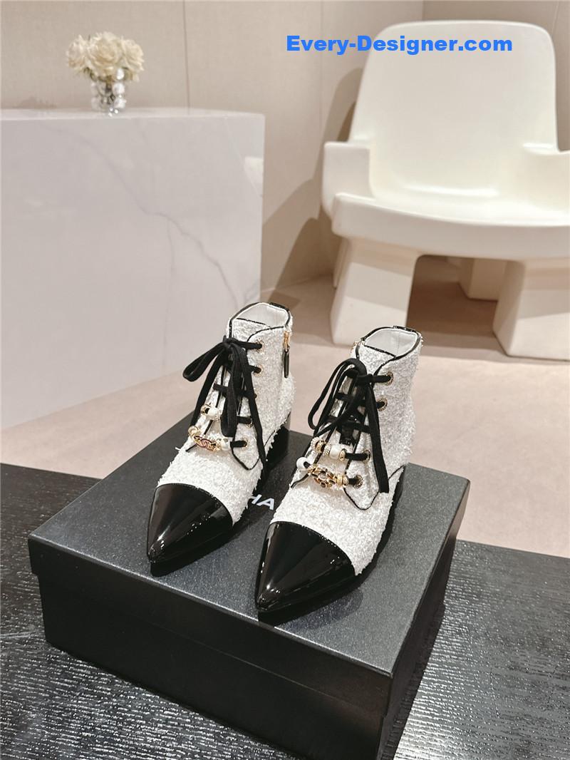 Ch**el pointed toe white tweed chunky heel ankle boots