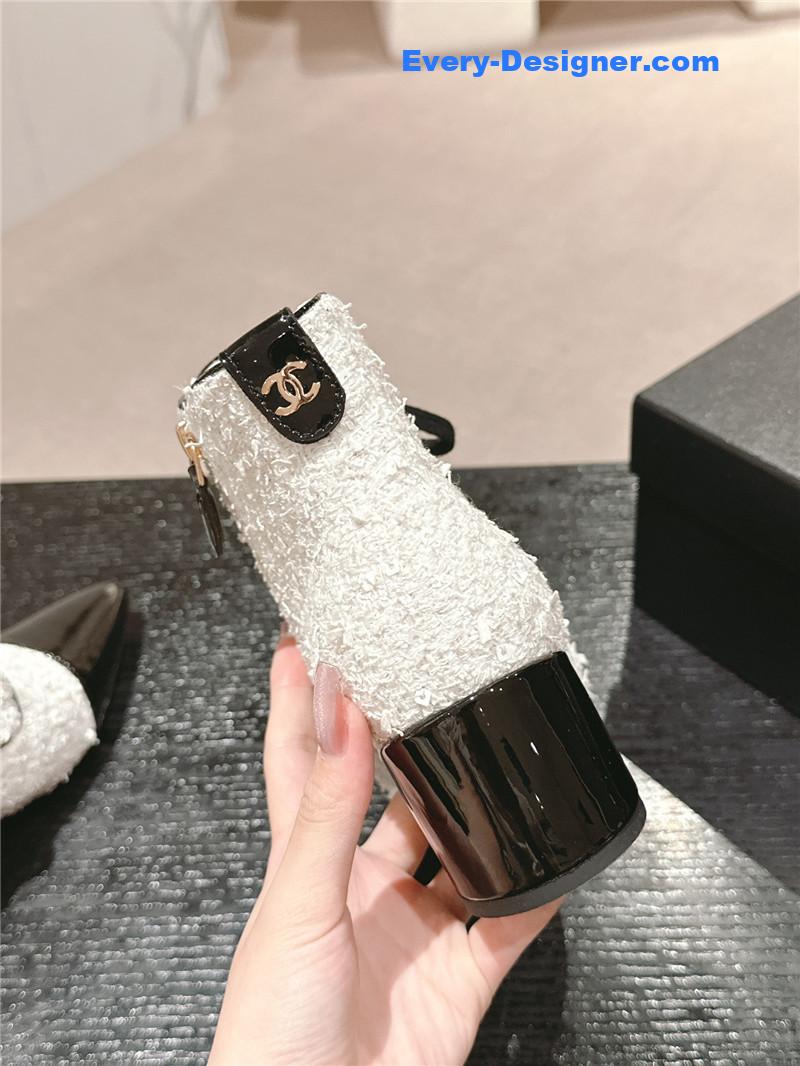 Ch**el pointed toe white tweed chunky heel ankle boots