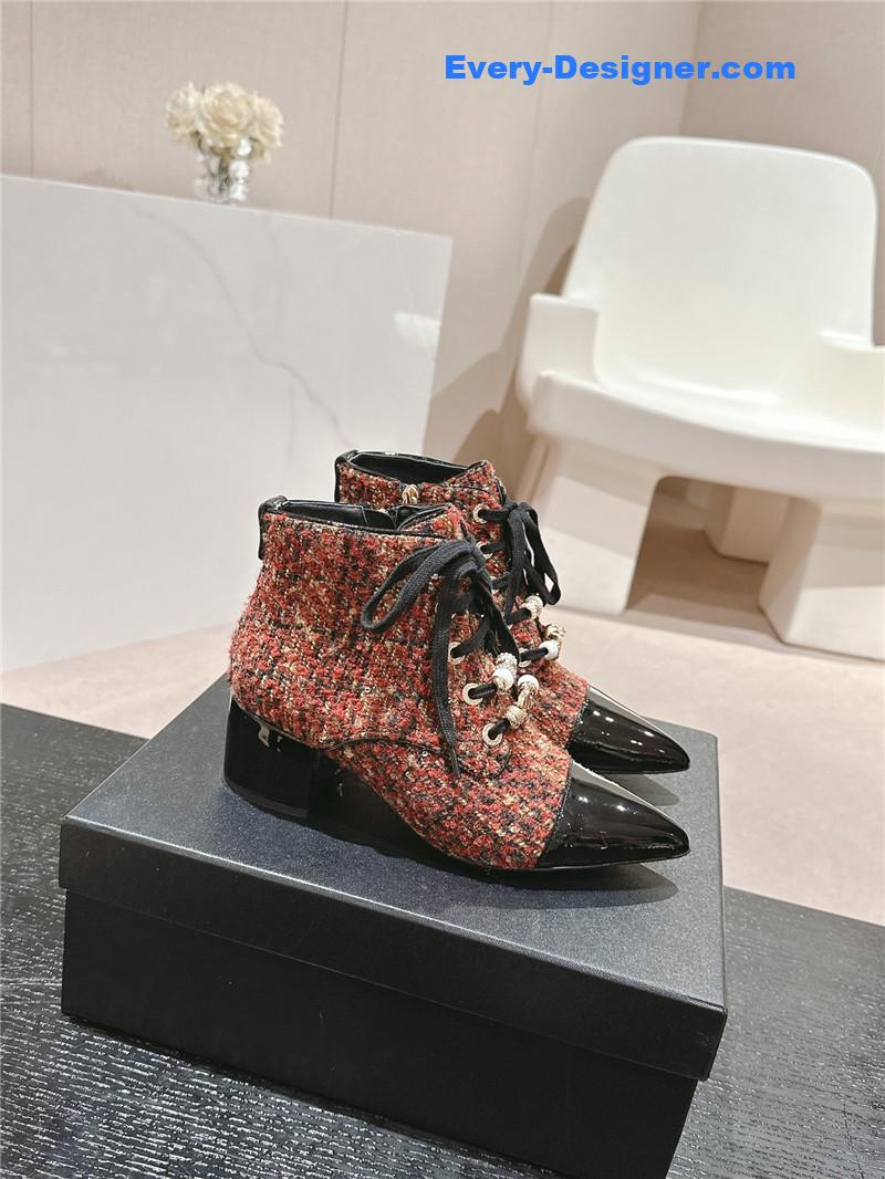 Ch**el pointed toe chunky heel burgundy tweed ankle boots
